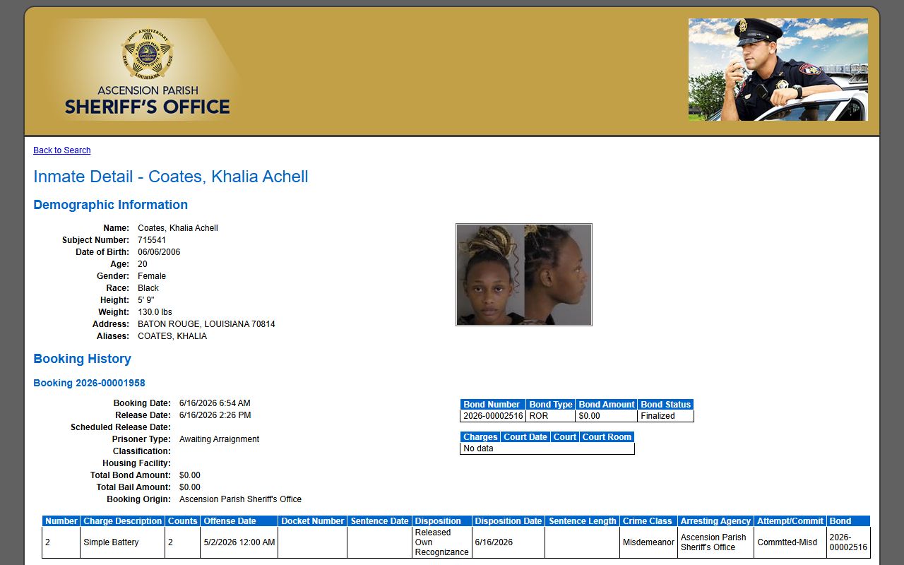 Ascension Parish inmate population sample inmate profile fields