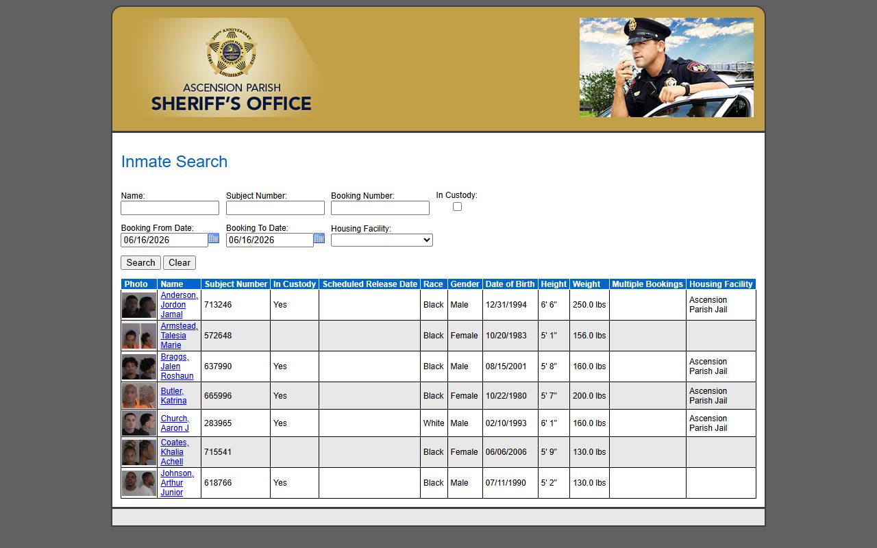 Ascension Parish inmate population New World inmate search form