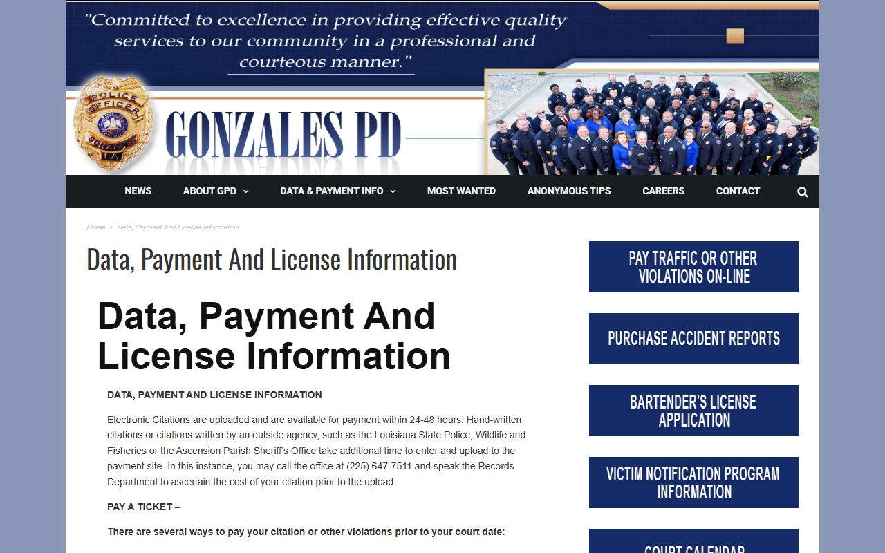 Gonzales Police bench warrant and court payment information page